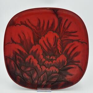 Kamakura Bori Lacquerware Tray 13" Hand Carved Peony Japanese Signed Kōdō